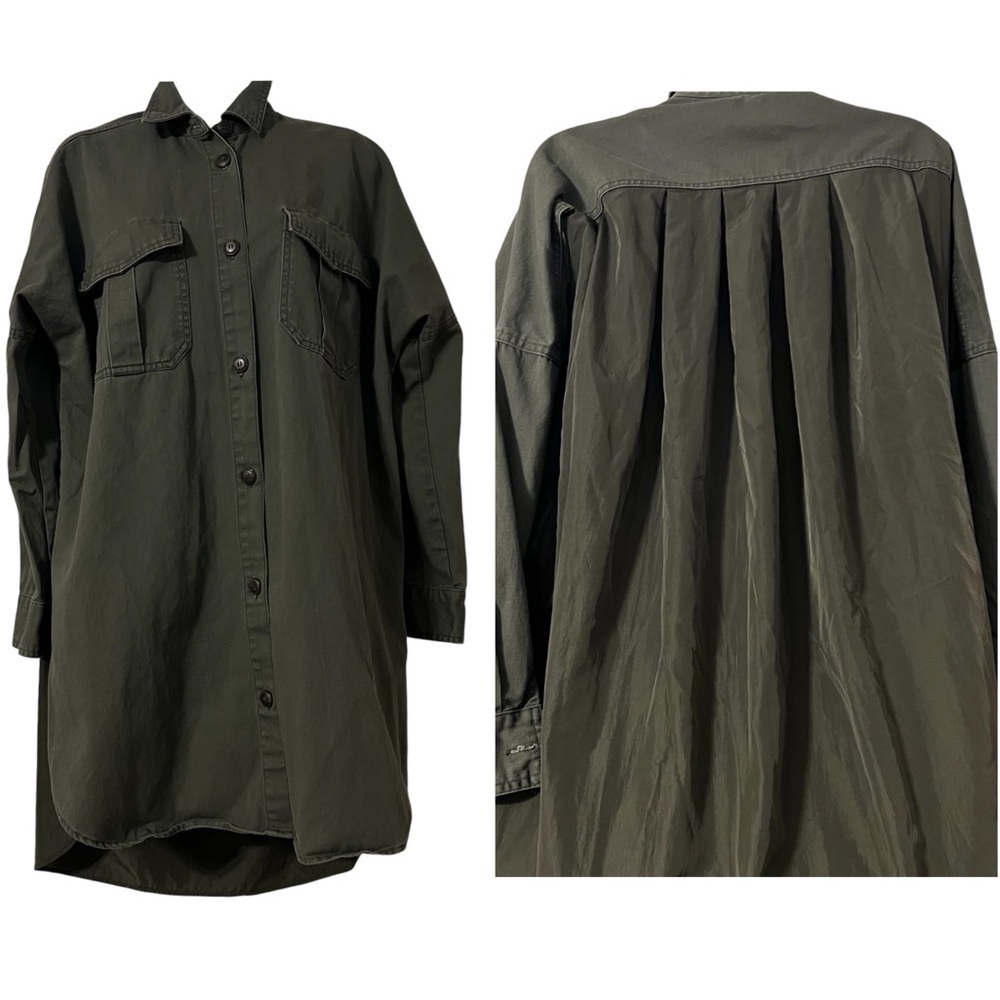 Zara Oversized Military Inspired Button Up Shirt Dress Sz XS in Army Green